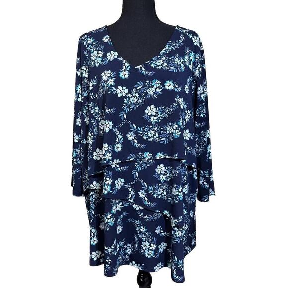 Catherines Tops - Catherine’s Blue Floral Layered 3/4 sleeve Top Size 2X 22/24 Stretch Feminine